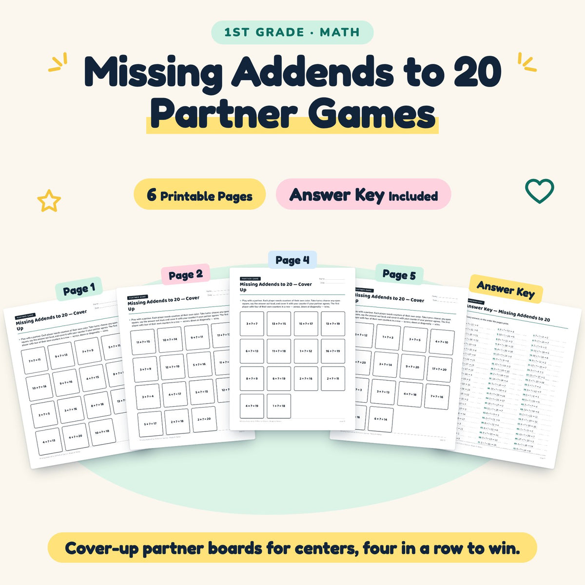6 Missing Addends to 20 Partner Games — cover