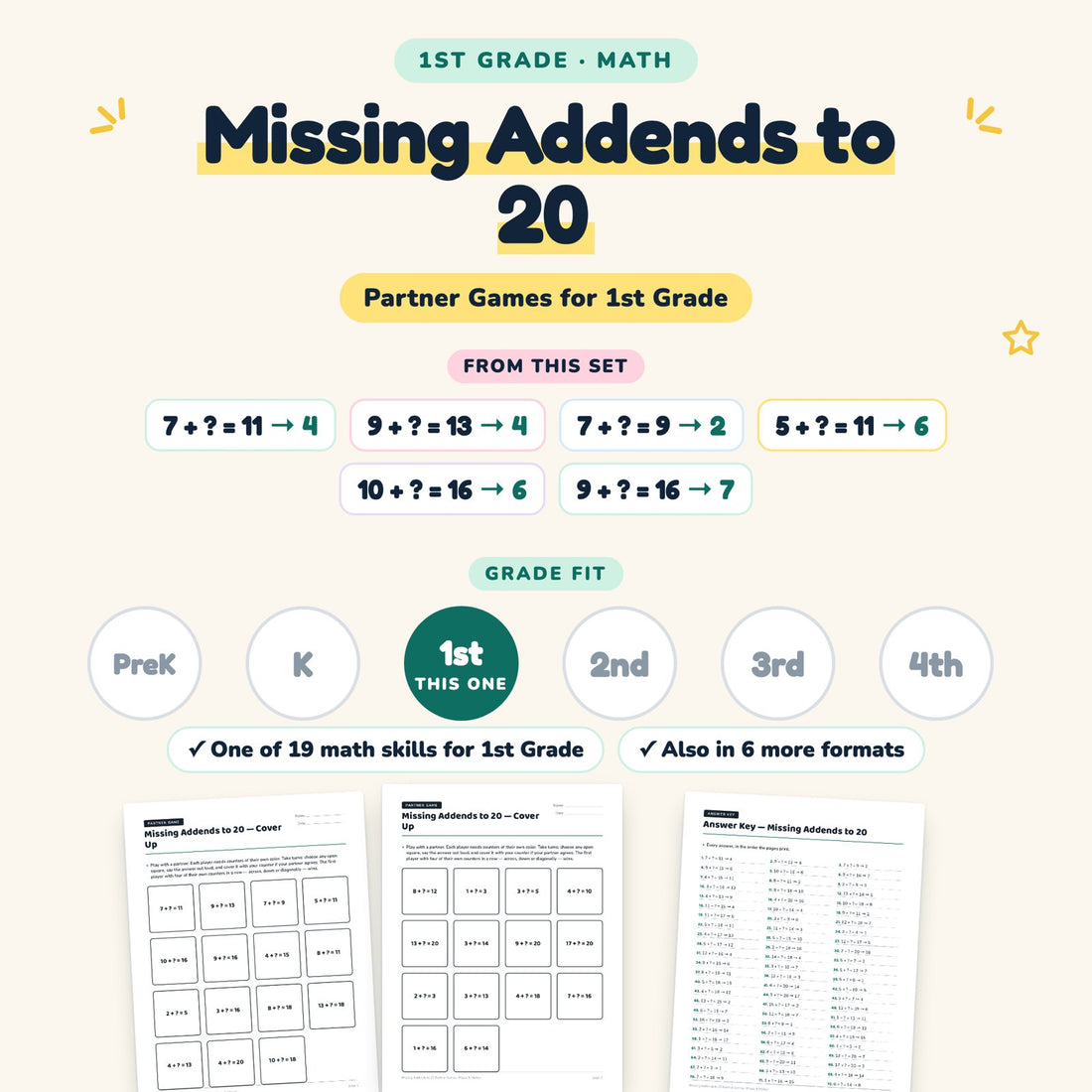 Missing Addends to 20: skill and grade fit