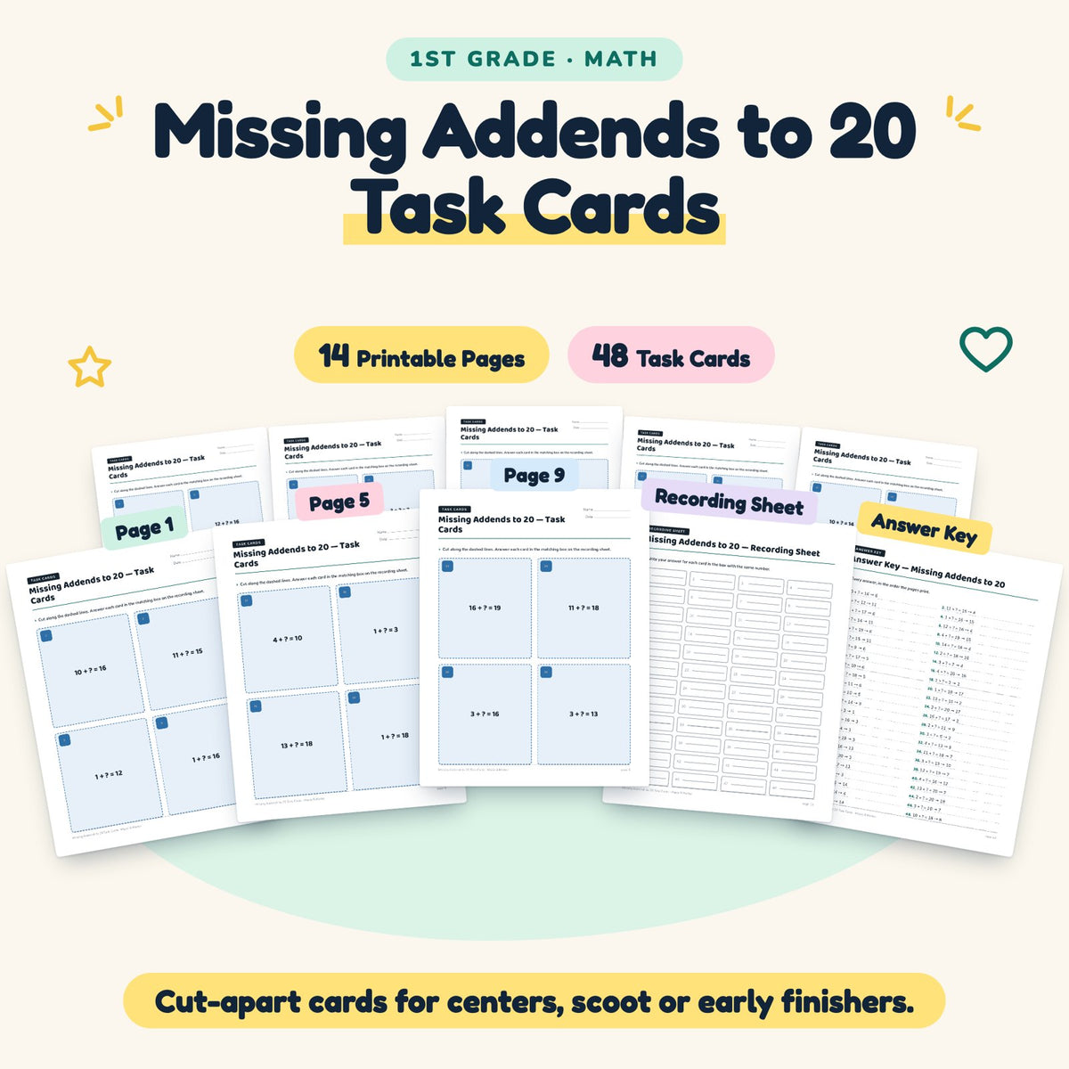 48 Missing Addends to 20 Task Cards — cover