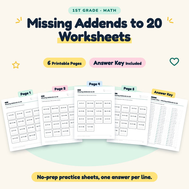 6 Missing Addends to 20 Worksheets — cover