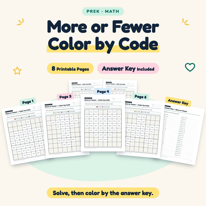 More or Fewer Color by Code | Preschool Math (8 Pages) — cover