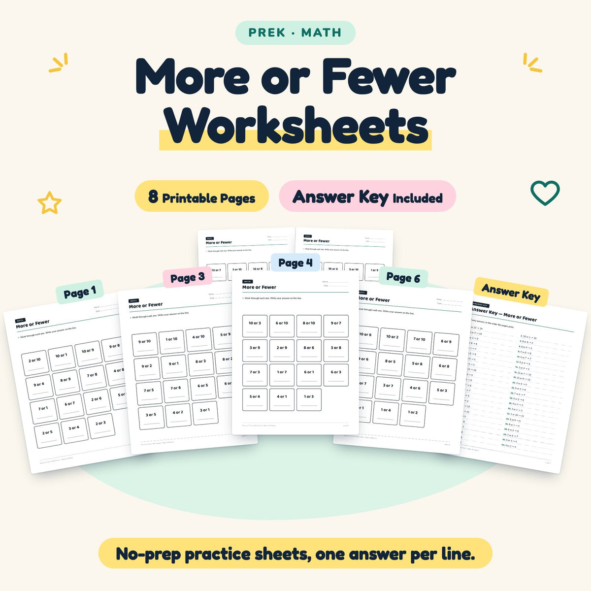 8 More or Fewer Worksheets — cover