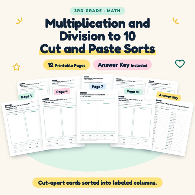 Multiplication and Division to 10 Cut and Paste Sorts | 3rd Grade — cover