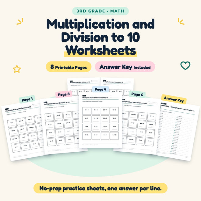 8 Multiplication and Division to 10 Worksheets — cover