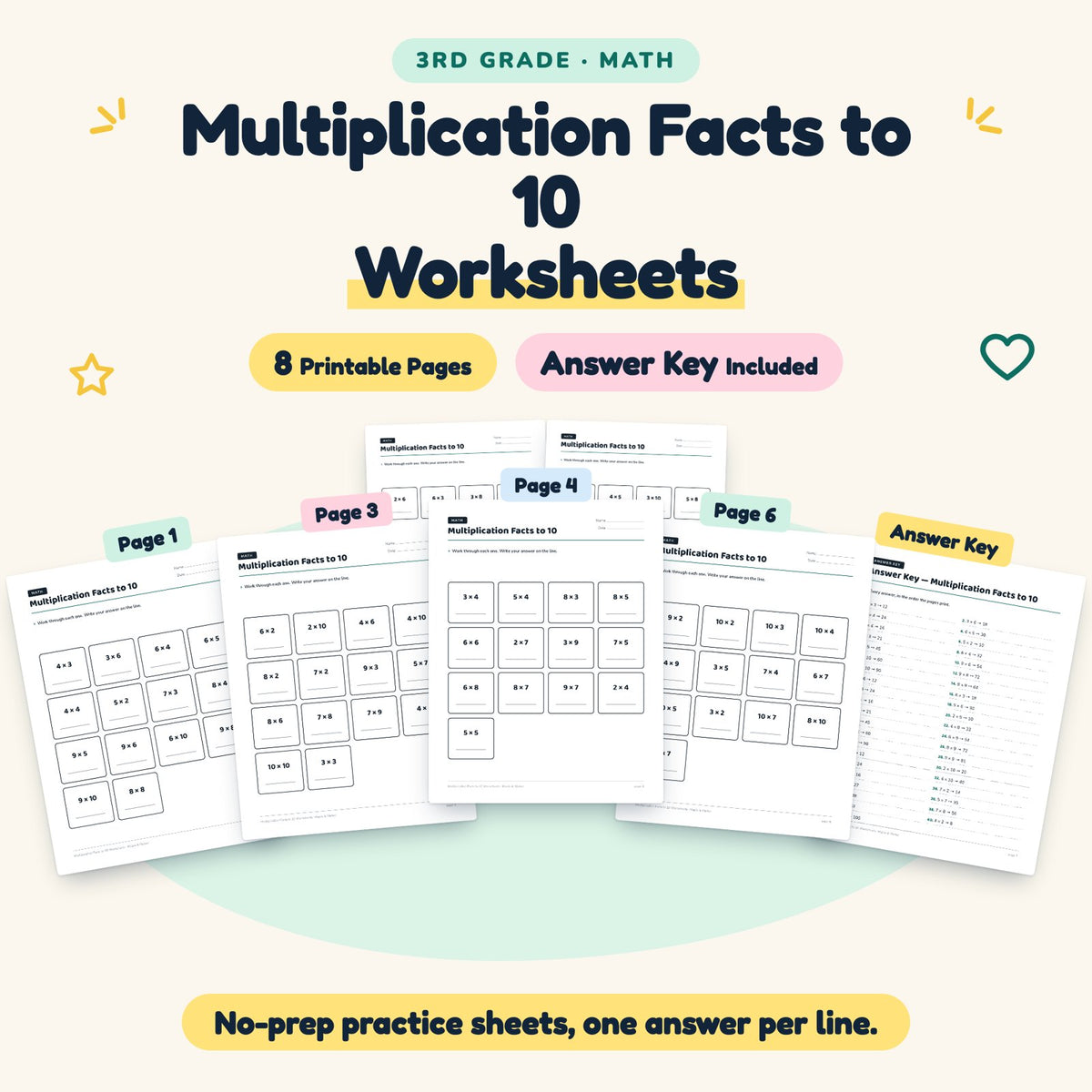 8 Multiplication Facts to 10 Worksheets — cover