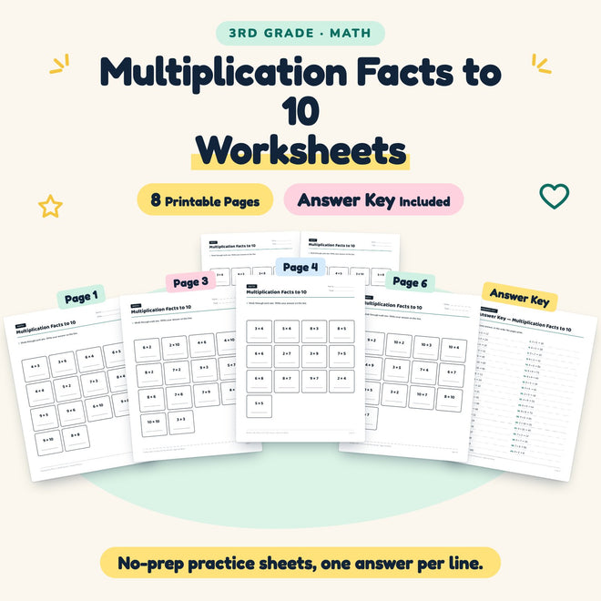 8 Multiplication Facts to 10 Worksheets — cover