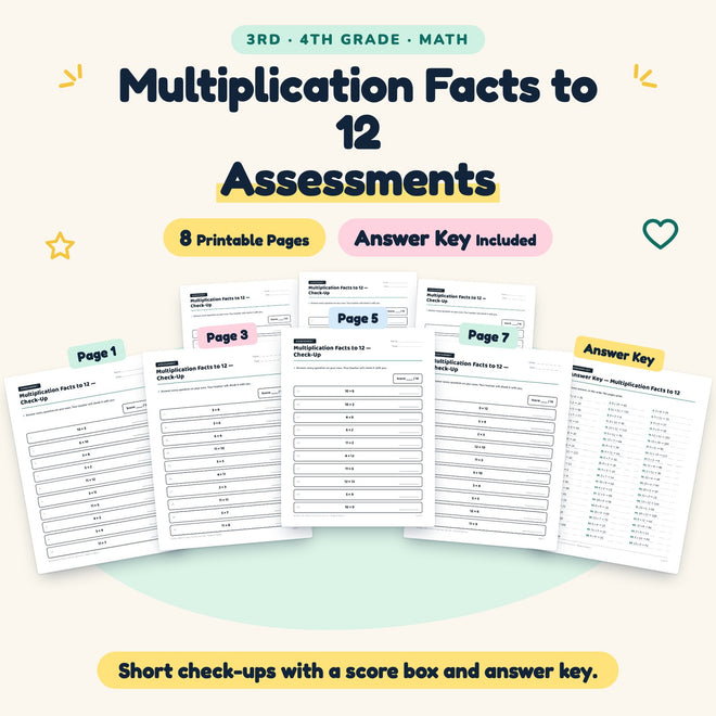Multiplication Facts to 12 Assessments | 3rd–4th Grade Math — cover