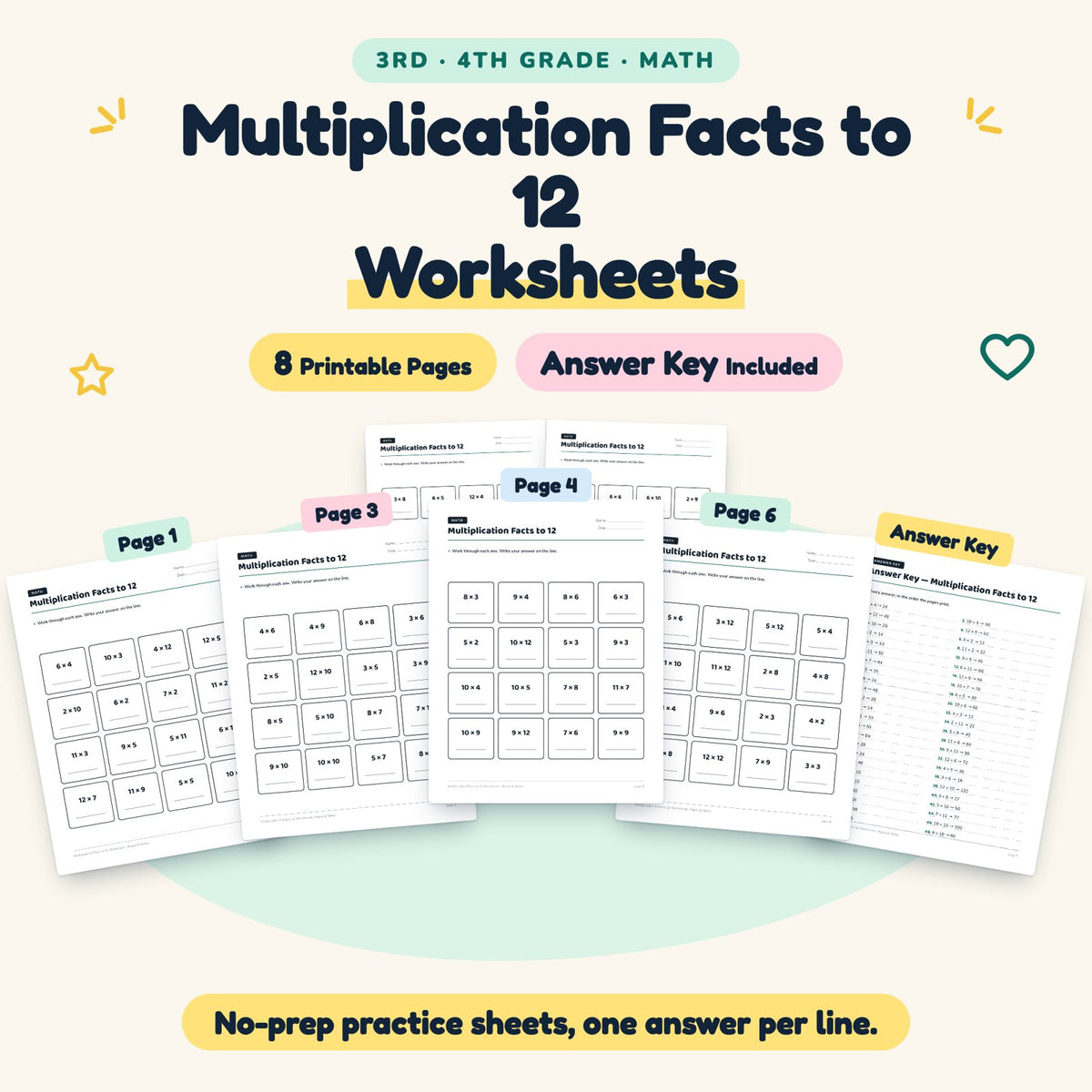 8 Multiplication Facts to 12 Worksheets — cover