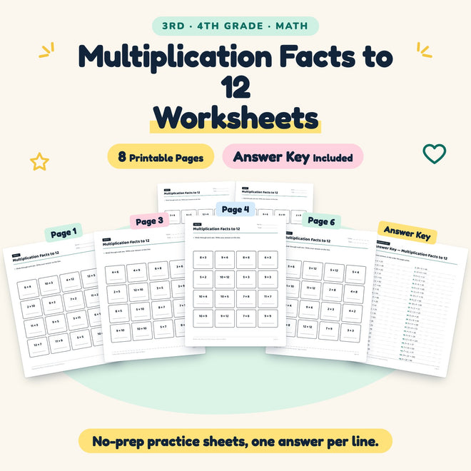 8 Multiplication Facts to 12 Worksheets — cover
