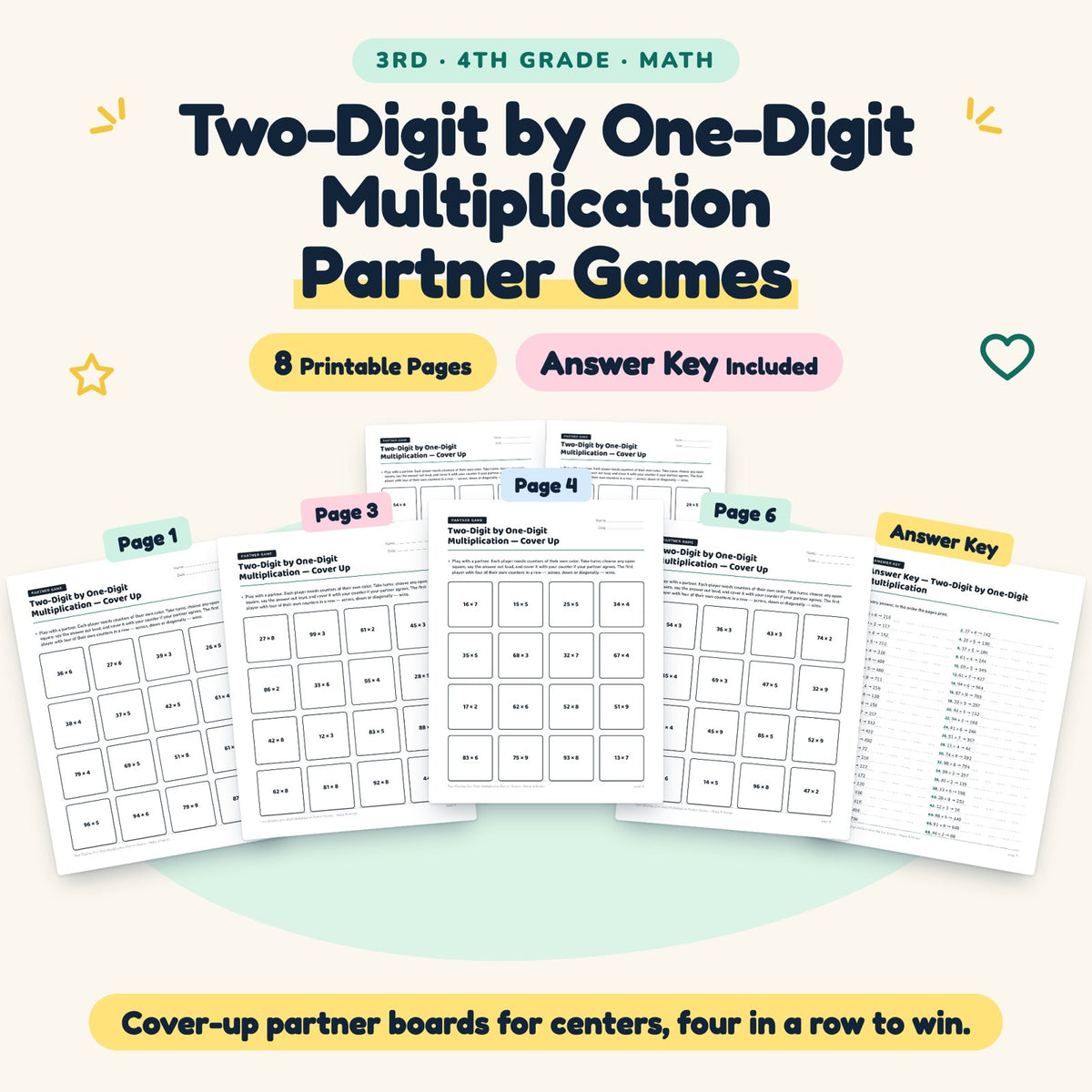 8 Two-Digit by One-Digit Multiplication Partner Games — cover