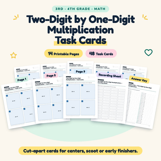 48 Two-Digit by One-Digit Multiplication Task Cards — cover