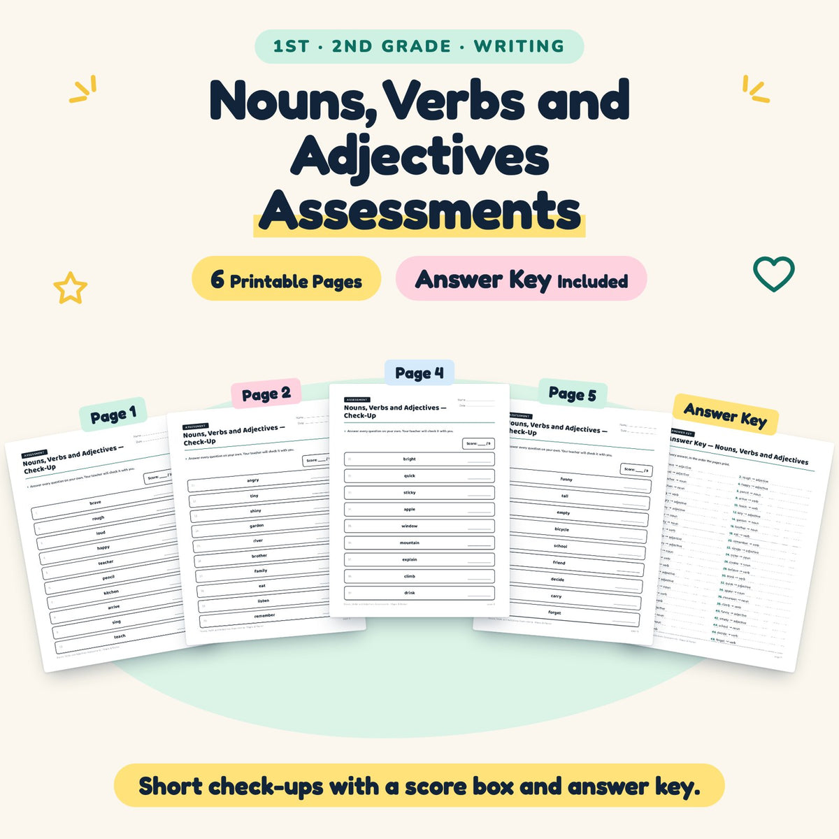 6 Nouns, Verbs and Adjectives Assessments — cover