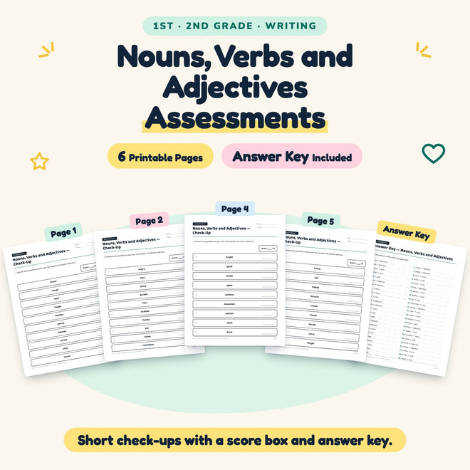 6 Nouns, Verbs and Adjectives Assessments — cover