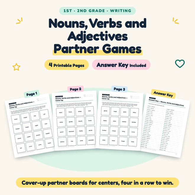 Nouns, Verbs and Adjectives Partner Games | 1st–2nd Grade — cover