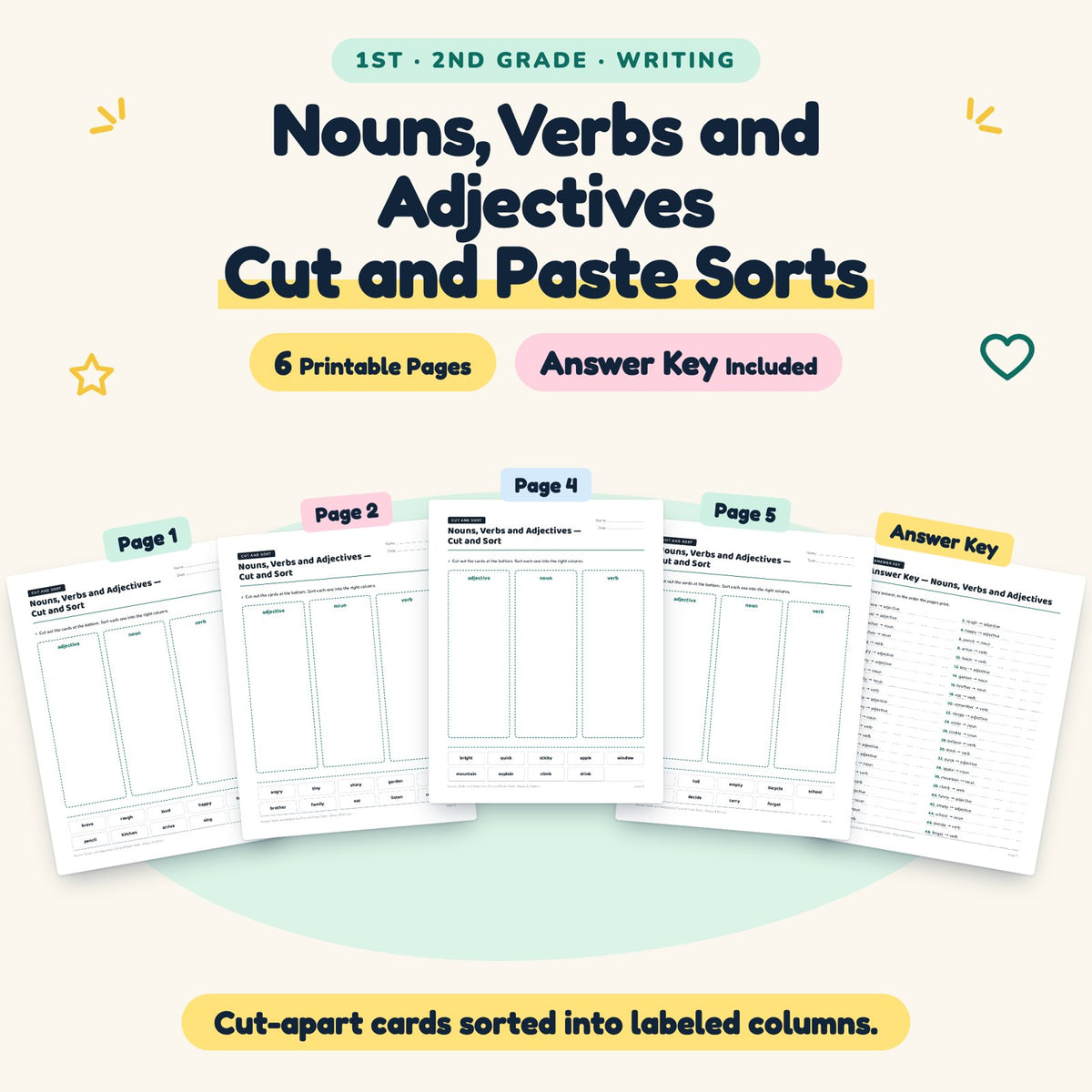 6 Nouns, Verbs and Adjectives Cut and Paste Sorts — cover