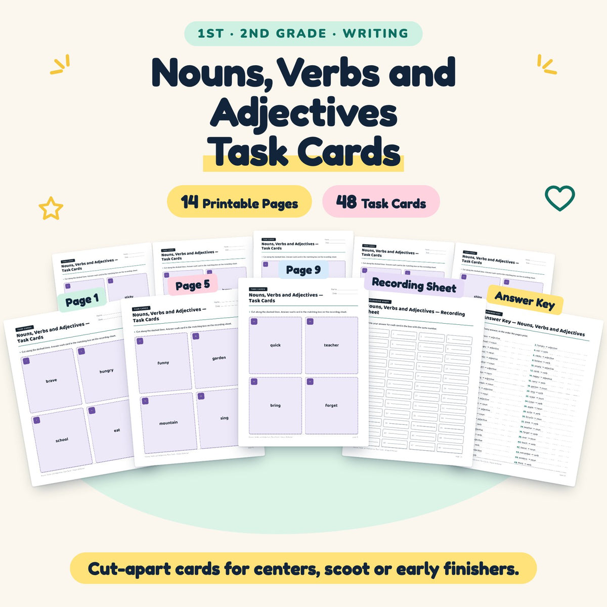 Nouns, Verbs and Adjectives Task Cards | 1st–2nd Grade — cover