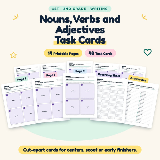 Nouns, Verbs and Adjectives Task Cards | 1st–2nd Grade — cover