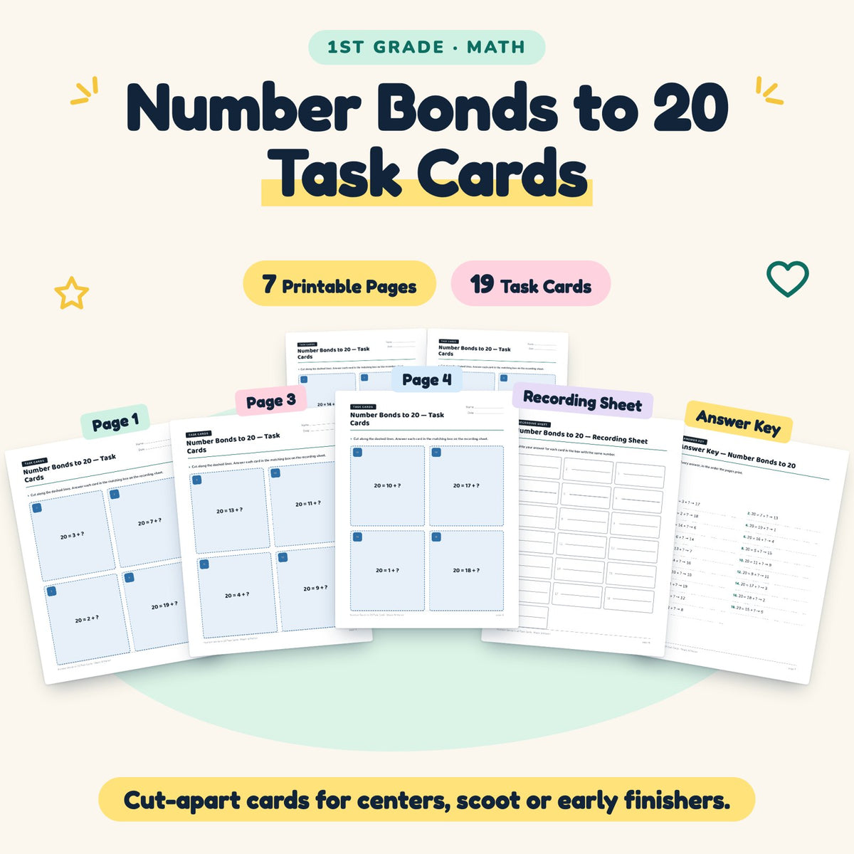 19 Number Bonds to 20 Task Cards — cover