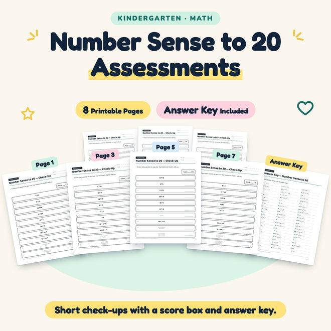 Number Sense to 20 Assessments | Kindergarten Math (7 Pages) — cover