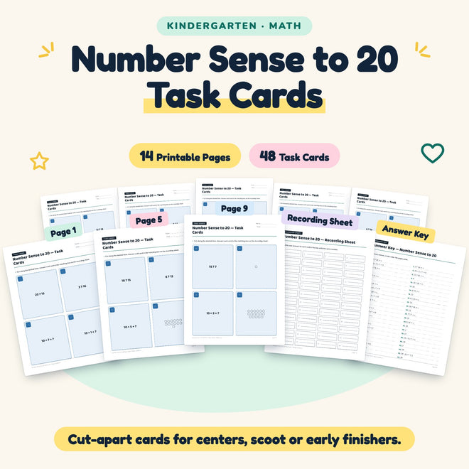 Number Sense to 20 Task Cards | Kindergarten Math (48 Cards) — cover