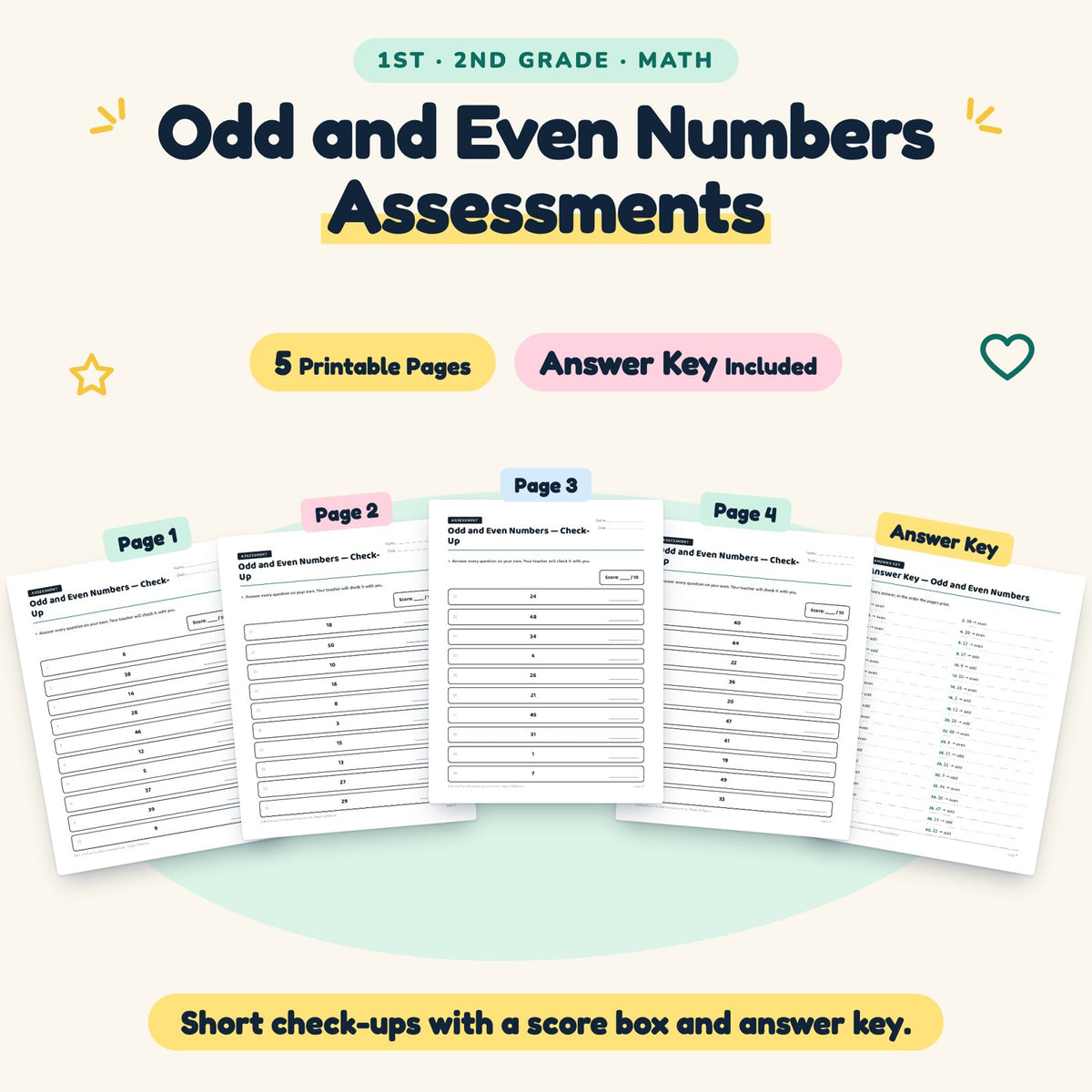 5 Odd and Even Numbers Assessments — cover