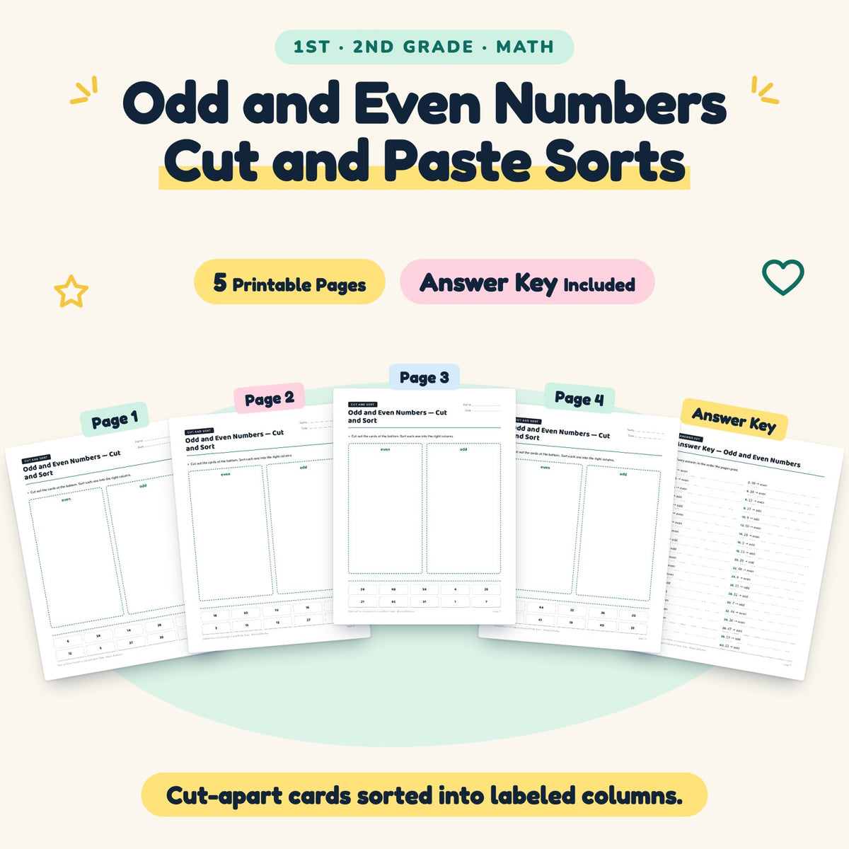 5 Odd and Even Numbers Cut and Paste Sorts — cover