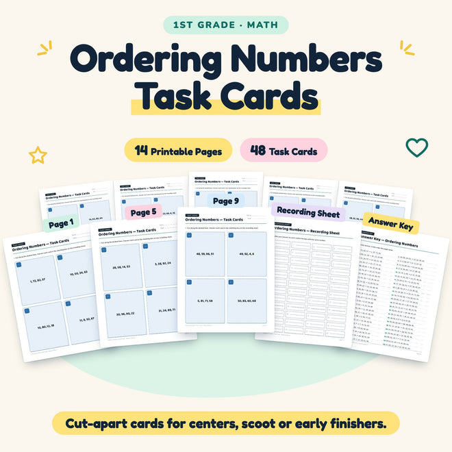Ordering Numbers Task Cards | 1st Grade Math (48 Cards) — cover