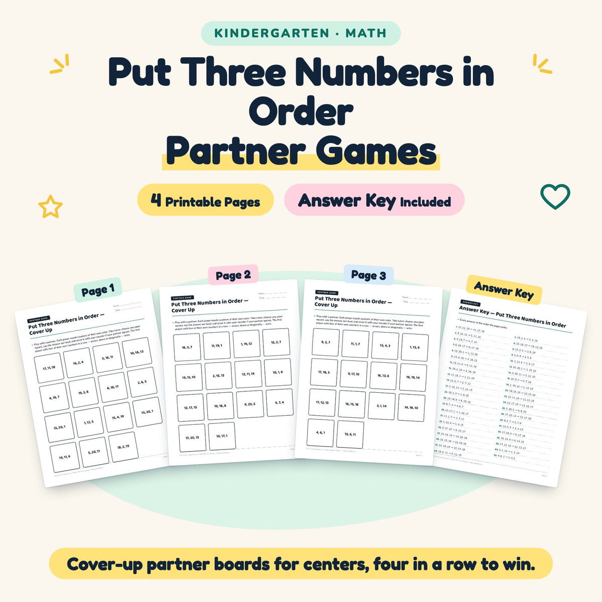 4 Put Three Numbers in Order Partner Games — cover