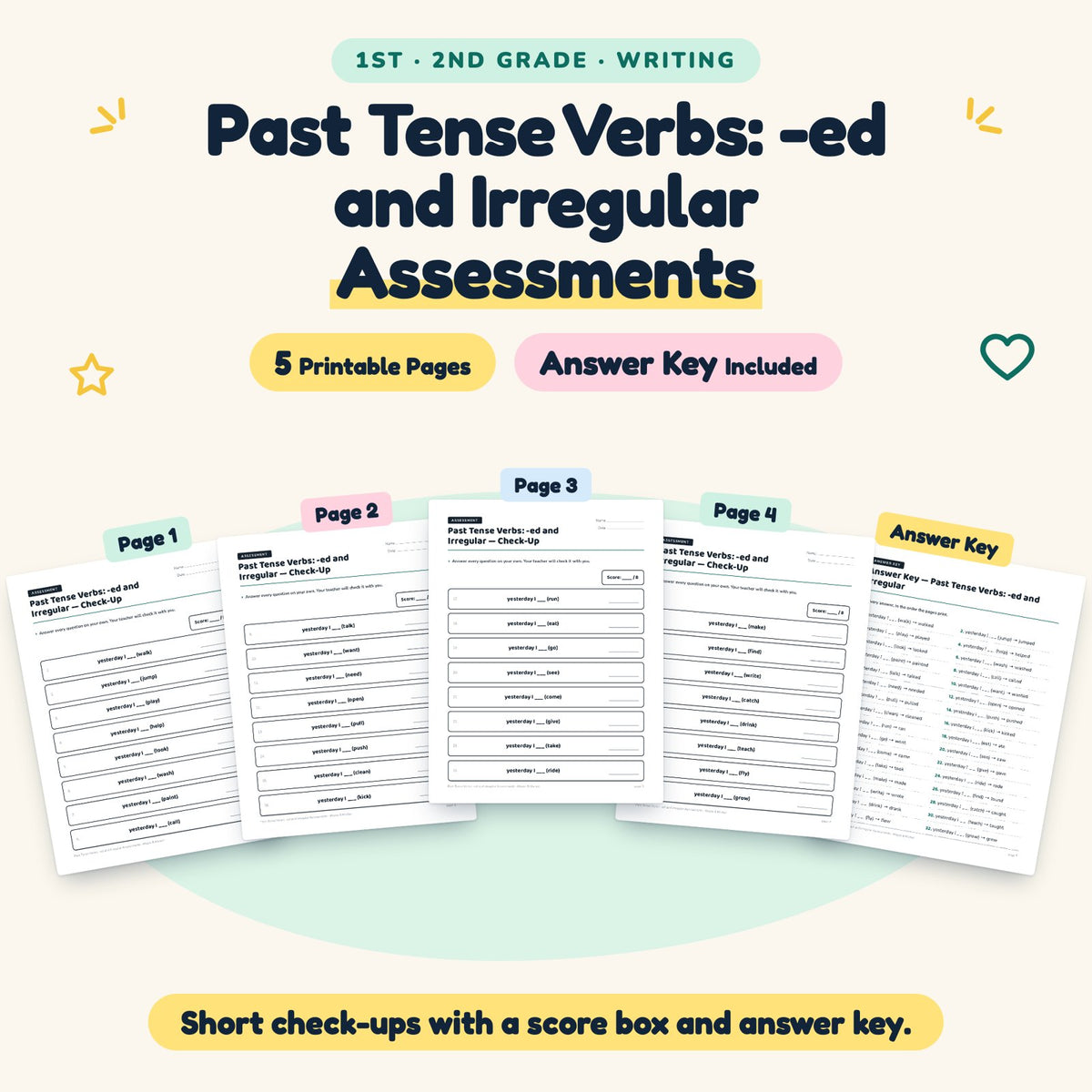 5 Past Tense Verbs: -ed and Irregular Assessments — cover
