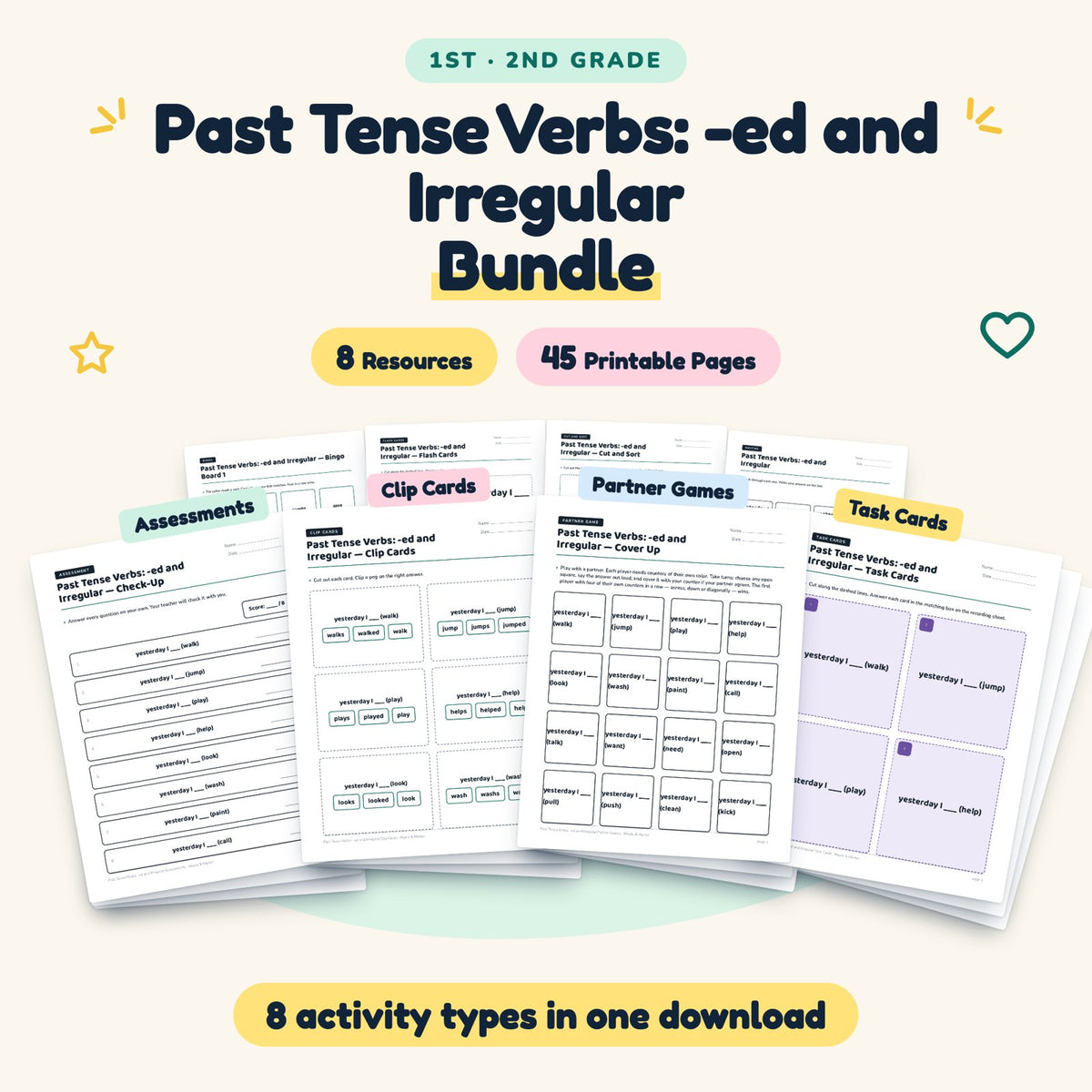 45 Page Past Tense Verbs: -ed and Irregular Bundle — cover