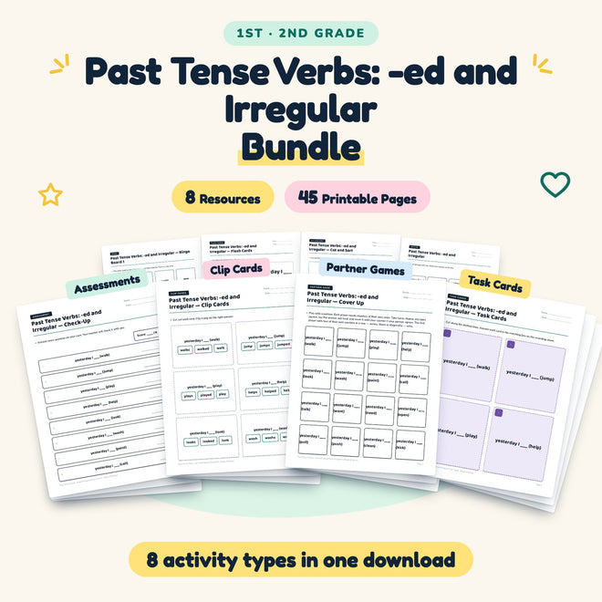 45 Page Past Tense Verbs: -ed and Irregular Bundle — cover
