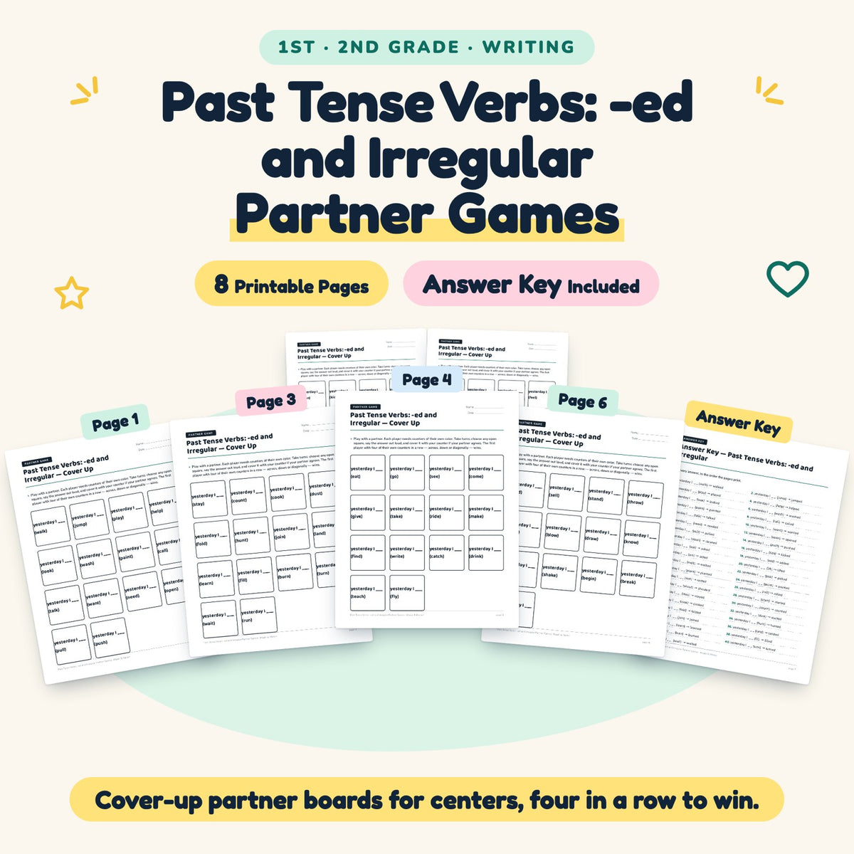 Past Tense Verbs Partner Games | 1st–2nd Grade (3 Pages) — cover