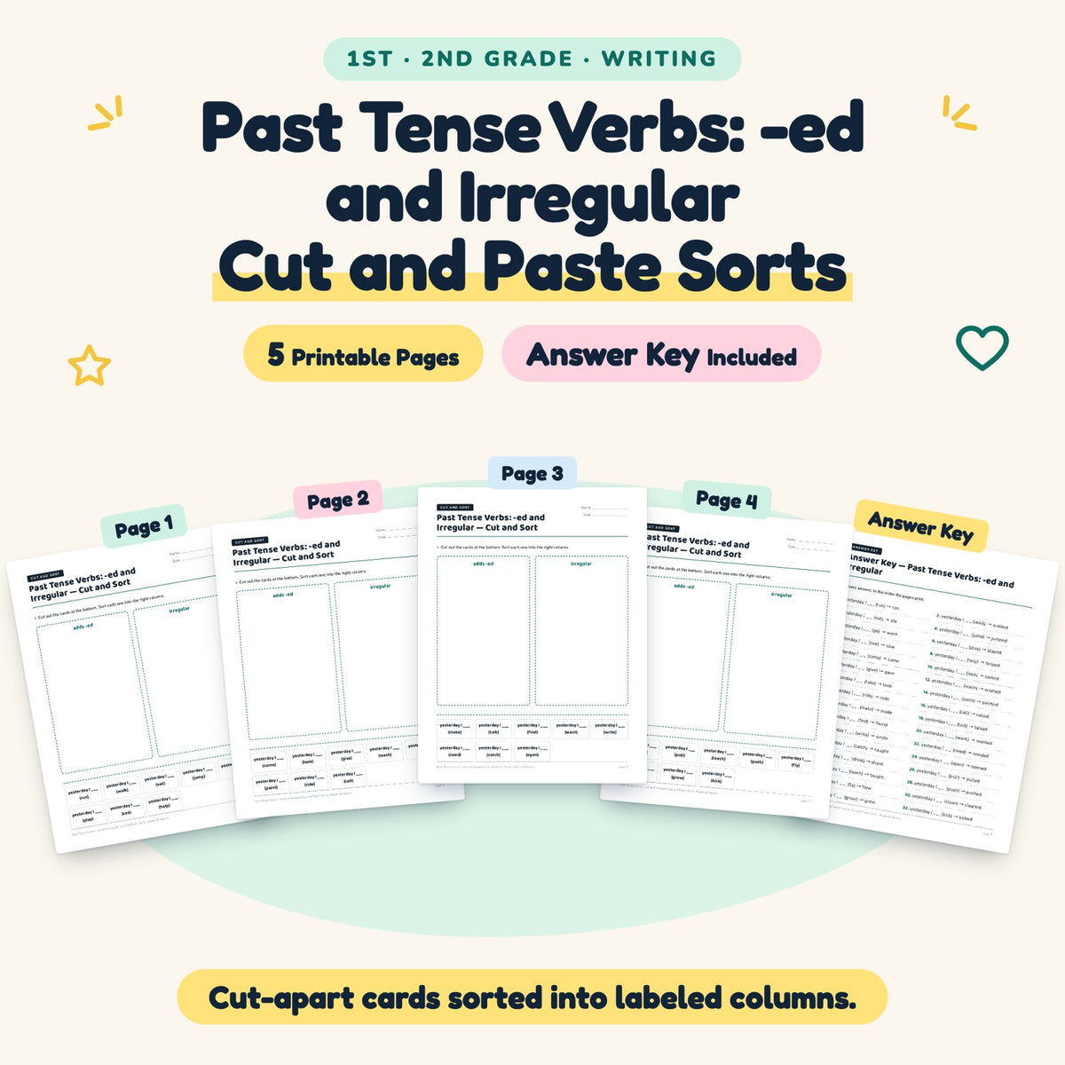 5 Past Tense Verbs: -ed and Irregular Cut and Paste Sorts — cover
