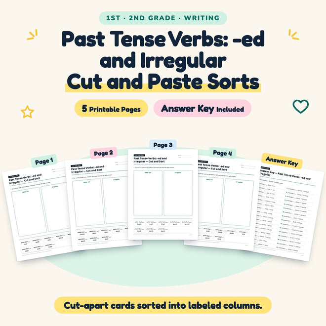 5 Past Tense Verbs: -ed and Irregular Cut and Paste Sorts — cover
