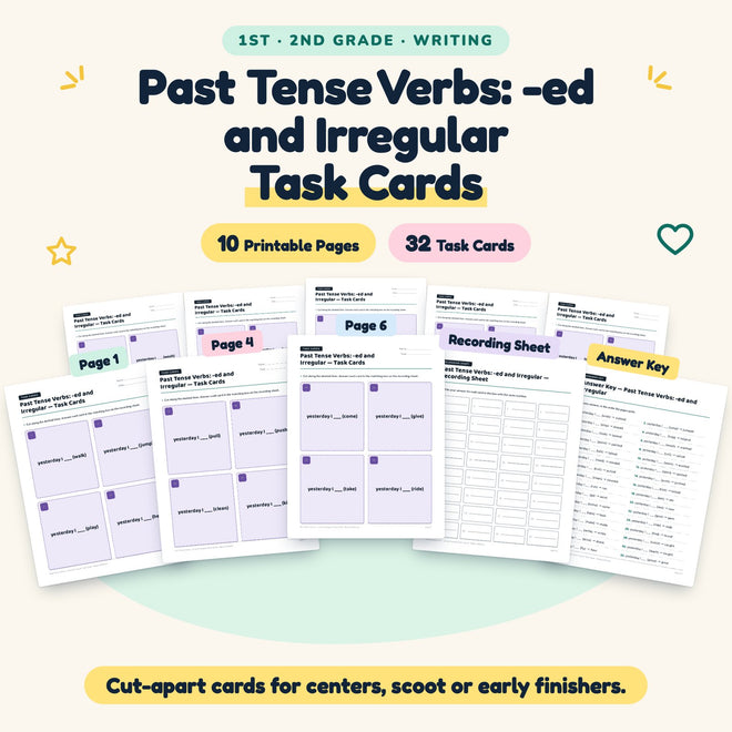 32 Past Tense Verbs: -ed and Irregular Task Cards — cover