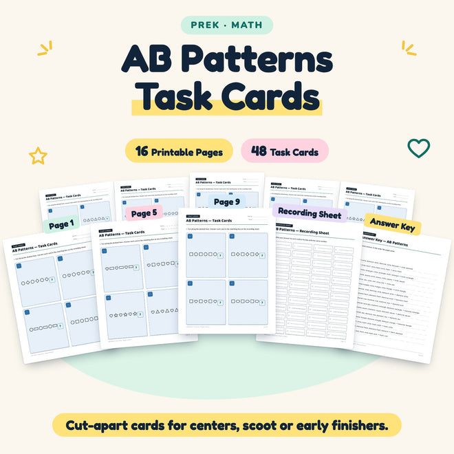 AB Patterns Task Cards | Preschool Math (48 Cards) — cover