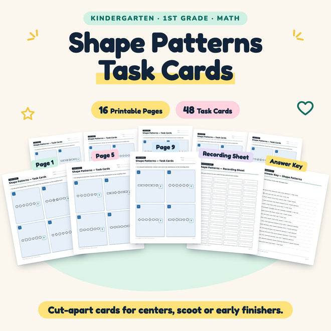 Shape Patterns Task Cards | K–1st Grade Math (40 Cards) — cover