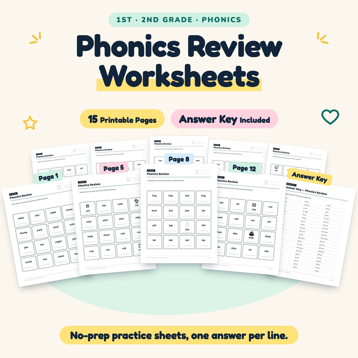 15 Phonics Review Worksheets — cover