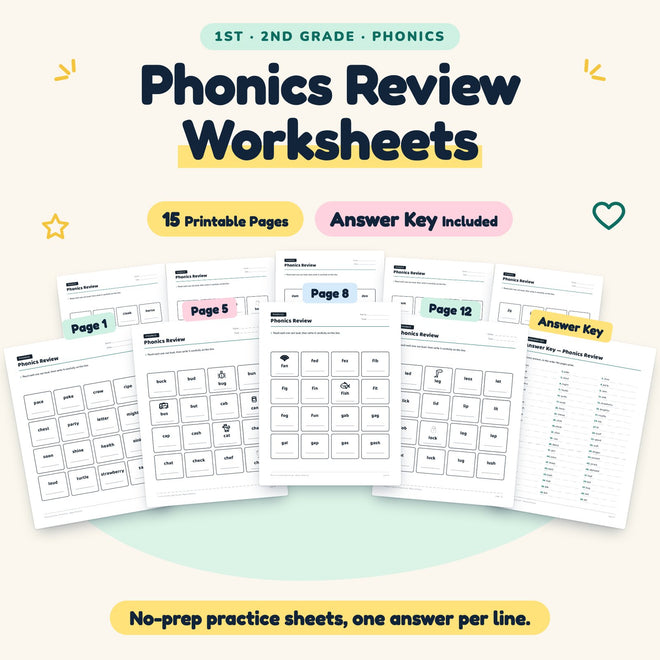 Phonics Review Worksheets | 1st–2nd Grade (15 Pages) — cover