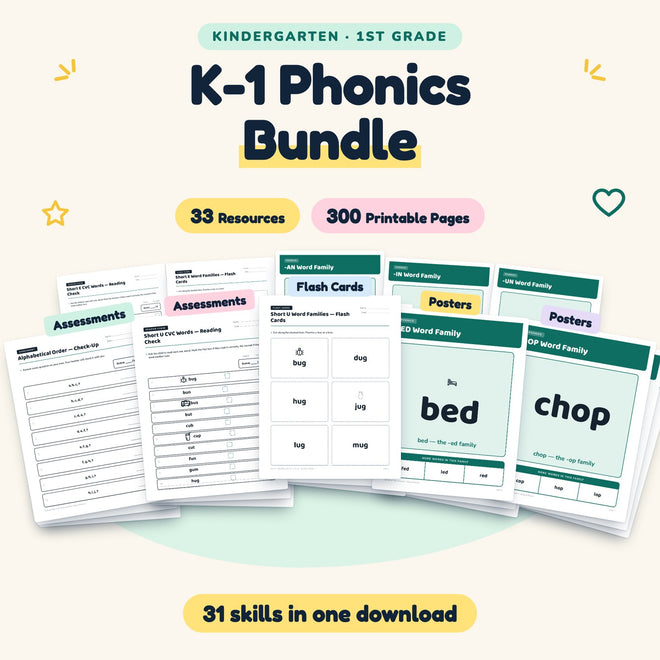 K–1st Grade Phonics Worksheets MEGA BUNDLE (49 Resources) — cover