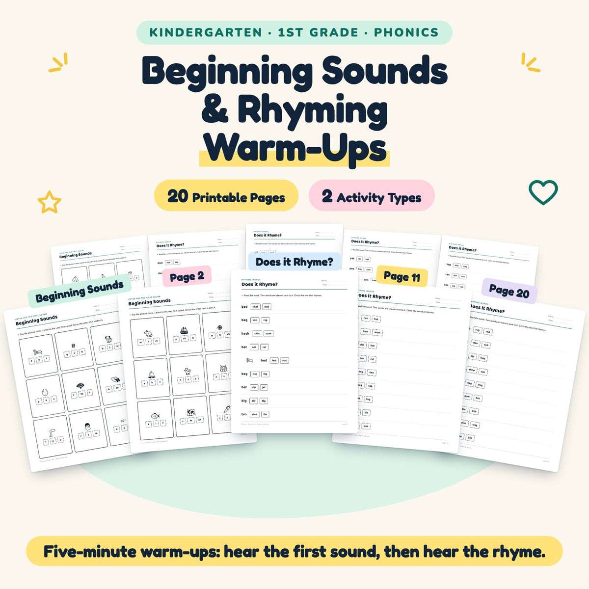 Beginning Sounds & Rhyming Worksheets - Phonics Warm-Ups K-1 — cover