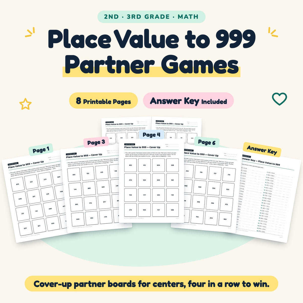8 Place Value to 999 Partner Games — cover