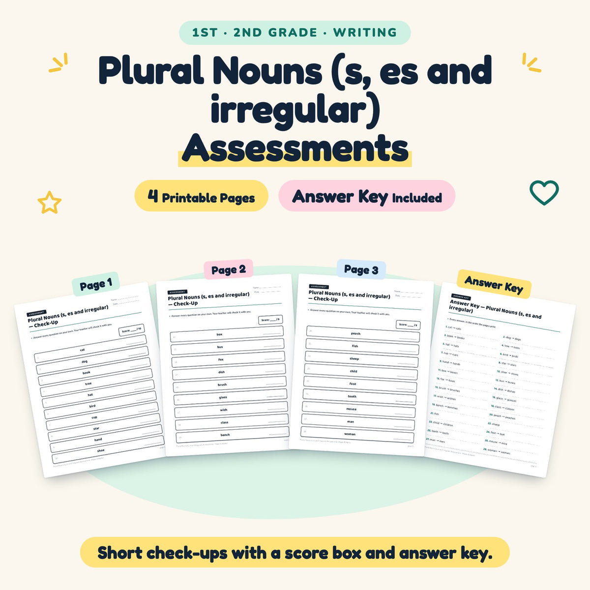 4 Plural Nouns (s, es and irregular) Assessments — cover