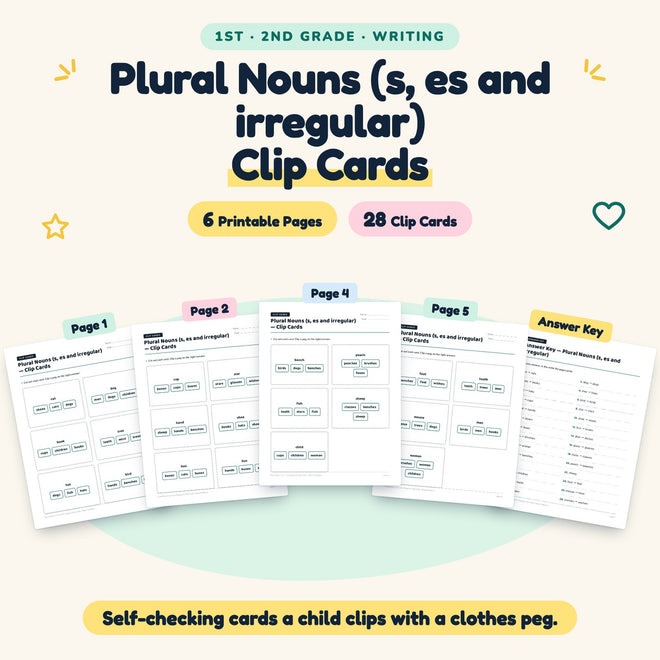 28 Plural Nouns (s, es and irregular) Clip Cards — cover