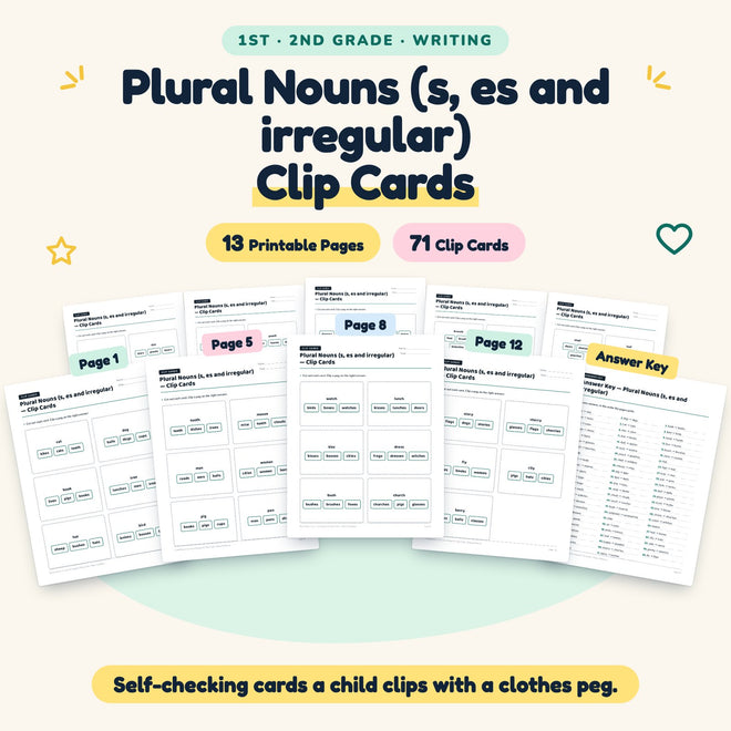 Plural Nouns Clip Cards | 1st–2nd Grade Grammar (28 Cards) — cover