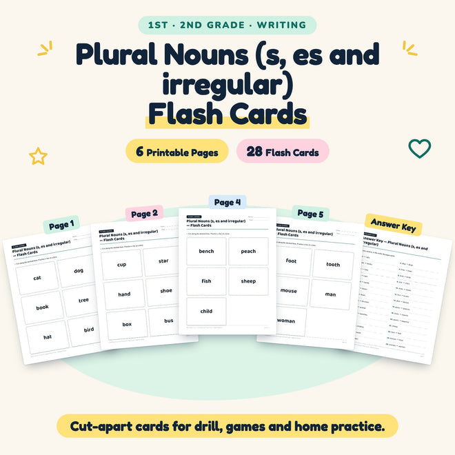 28 Plural Nouns (s, es and irregular) Flash Cards — cover