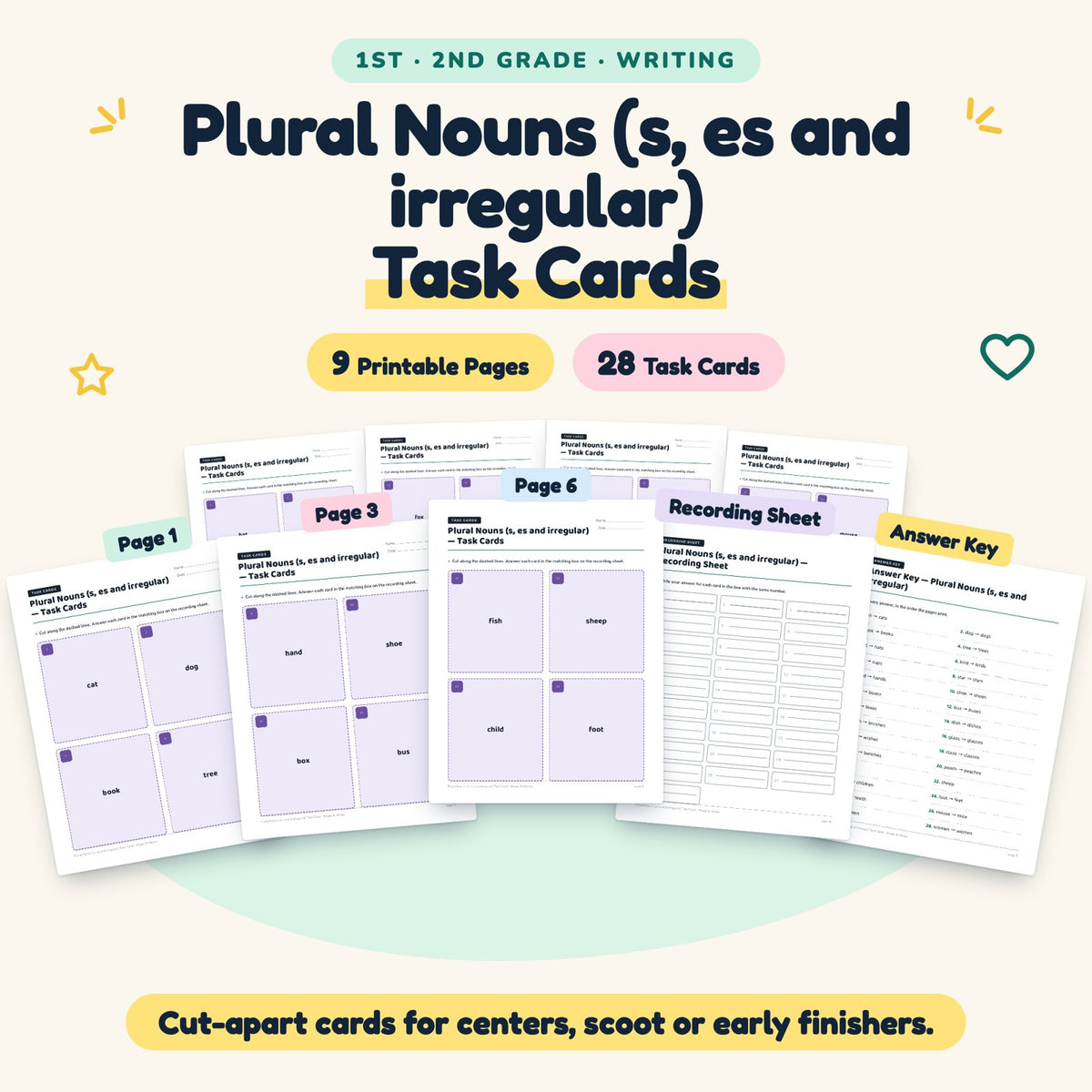 28 Plural Nouns (s, es and irregular) Task Cards — cover