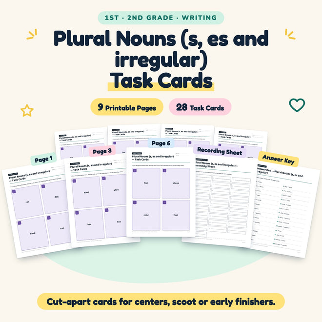 28 Plural Nouns (s, es and irregular) Task Cards — cover