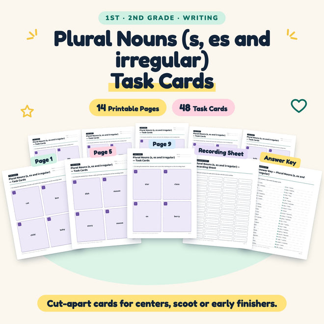 Plural Nouns Task Cards | 1st–2nd Grade Grammar (28 Cards) — cover
