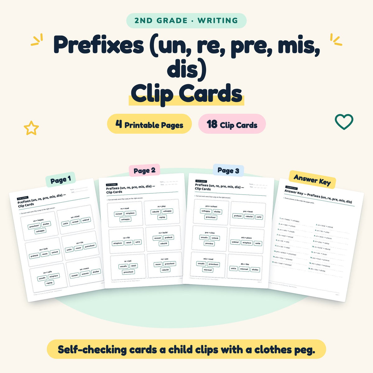 18 Prefixes (un, re, pre, mis, dis) Clip Cards — cover